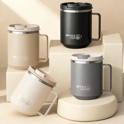 WORTHBUY 1个500毫升304不锈钢咖啡杯，带盖和手柄，便携式双层保温水杯，防漏防烫牛奶咖啡杯，大容量饮水杯，适合学生和成人居家、学校、宿舍、办公室、户外露营、野餐、旅行、返校等场合使用。