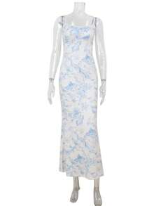 Rochie boemă tricotată, cu imprimeu floral și frunze, asimetrică/tiv asimetric, ținută de plajă și resort, elegantă pentru vacanță de primăvară/vară - Albastru si alb - Vizualizare 6