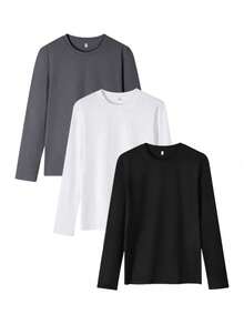 Bộ 3 áo thun nam dài tay cổ tròn, dáng ôm, màu trơn, kiểu dáng cơ bản, thích hợp mặc hàng ngày, mùa xuân/thu. - Nhiều màu - Xem 2