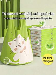 10卷/60个装大号垃圾袋，可爱小猫图案，抽绳封口，个性化猫咪印花设计，防漏绿色垃圾袋 - 耐用便携塑料垃圾袋，适用于厨房、浴室、卧室、客厅和户外 - 多功能家居清洁必备品 - 綠色 - 查看 2