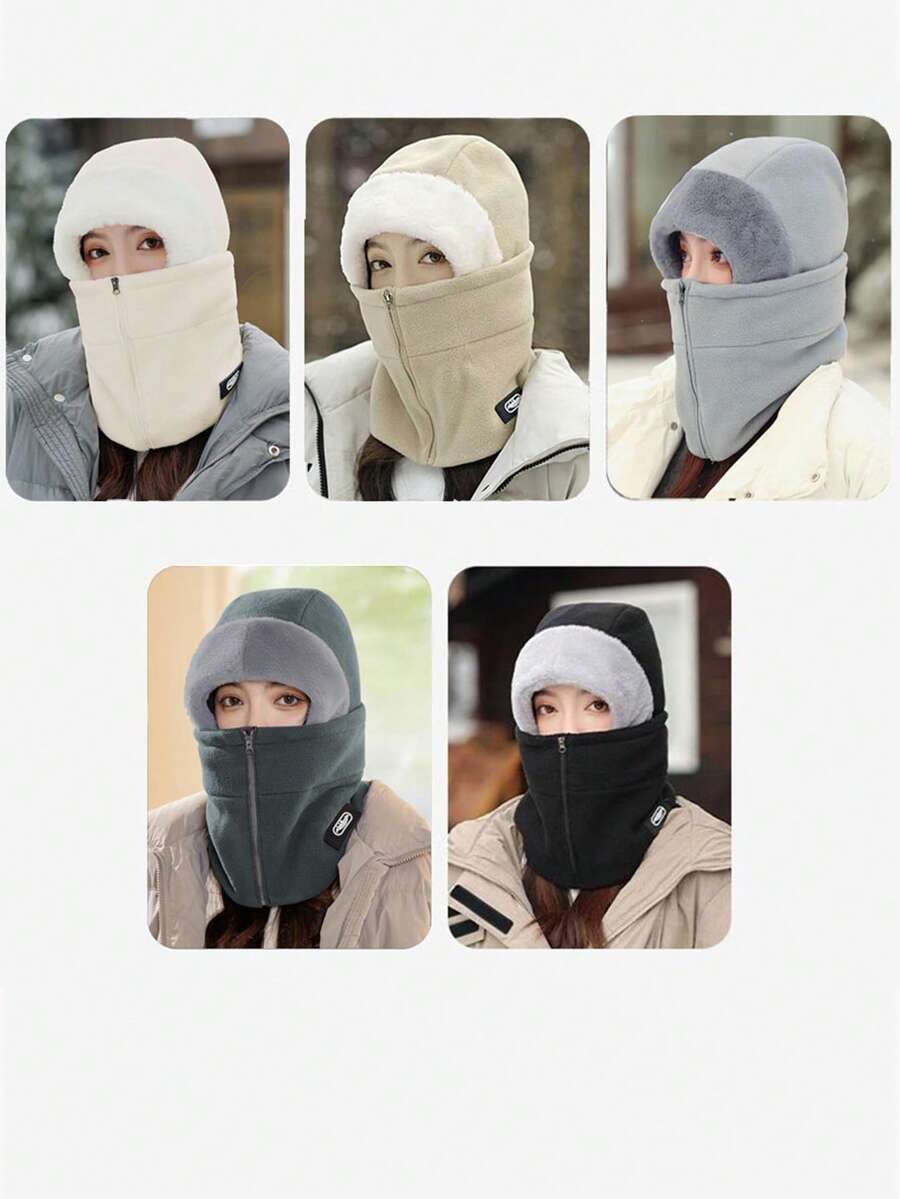 1Pc (Zipper Color Random) Winter Cycling With Plush Thick Neck Integrated Cycling Warm Hat Windproof Winter Warm Windproof Face Mask