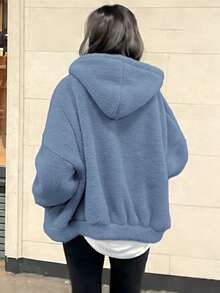 Drawstring Hooded Sweatshirt Style Plush Coat, Versatile European And American YK2 Style Fashionable Casual Versatile Women's Hooded Warm Cardigan Plush Top, Sweet And Spicy Style Jacket, High-End Feel, Warm Autumn And Winter New Street College Style Comfortable And Warm Plush Coat Women's Long-Sleeved Top, Spring And Autumn New Arrivals Outing Top, Cotton Women's Top, Women's Street Clothing Sports Top Women's Clothing, Casual And Comfortable Silhouette, Soft And Warm Fur, Blue Top, Autumn And Winter New Fleece-Lined, Jacket, Abrigos Mujer De Invierno, Plumifero Mujer, Anorak De Mujer, Abrigos Mujer De Invierno>Elegante, Plumas Mujer Abrigo, μπουφάν, Winterjas, Bodywarmer, Abrigo, Giubbotto Donna Invernale Curvy, Outfit Capodanno, Solid Color, Loose Fit Fashionable Women's Top - Blue - View 3