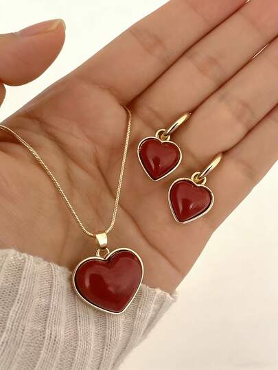 1 Set de Collar con Colgante de Corazón Rojo Elegante y Aretes, Adecuado para Uso Diario de Mujeres, Vacaciones, Fiesta, Citas, Viajes, Gran Regalo para el Día de San Valentín, Día de la Madre