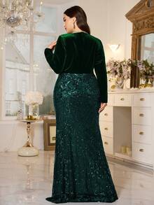XUIBOL Đầm dạ hội trang trọng, thanh lịch, cổ chữ V, đính sequin và họa tiết hoa dành cho nữ cỡ lớn. - Màu xanh lá cây đậm - Xem 3