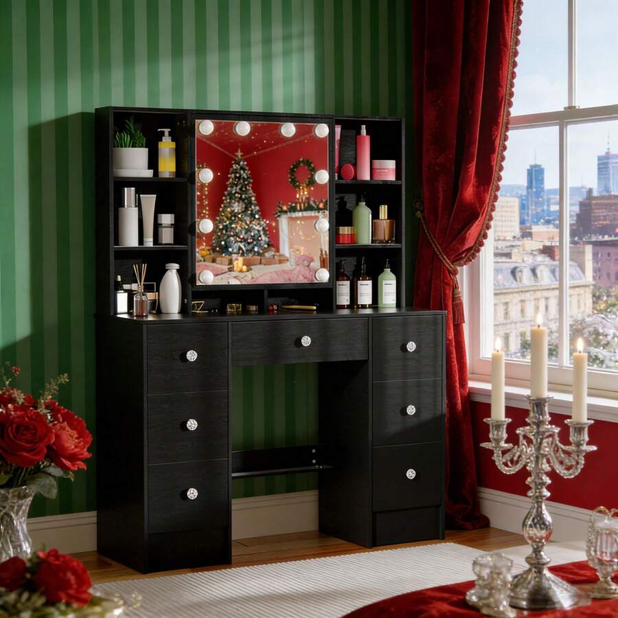 Modern Dressing Table Set With Large Mirror And 7 Drawers Wood Makeup Desk Black - Schwarz - Übersicht 1