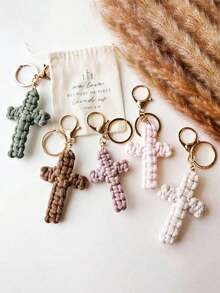 Cross Keychain Macrame Woven Jesus Keyring Christian Bag Charm Car Accessory Boho Gift For Women Men Holiday Birthday Wedding Party Favor Sister Friend - 彩色 - 查看 6