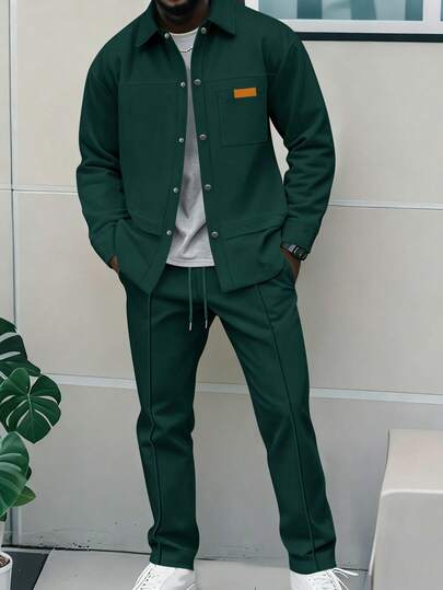 男士休闲拼接撞色口袋翻领长袖衬衫+长裤两件套，轻便休闲运动度假套装，春秋季