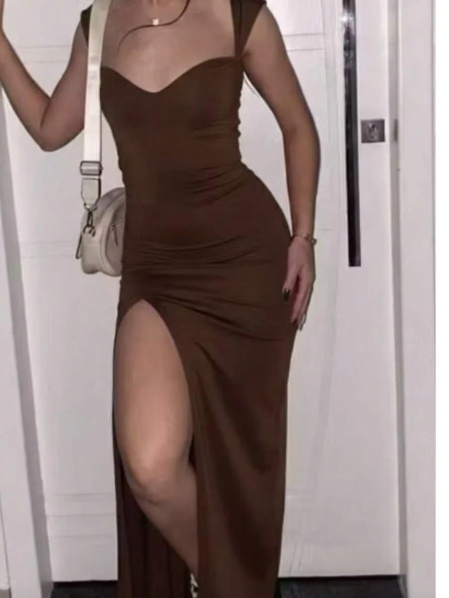 Kathinny Dress, Simple Knit Fabric, Side Slit, Perfect For Holidays, Evenings, Weddings, Birthday Parties, And Dates. - 鏽棕色 - 查看 1