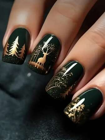 24片森林圣诞树和驯鹿图案美甲贴纸，时尚百搭，适合秋冬季节，包含1个指甲锉和1瓶指甲凝胶