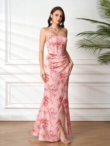 Romantic Floral Print Strapless Sexy Charming Fashion Mermaid Dress, Suitable For Prom, Birthday Party, Wedding Guest Spring - Coral Pink - View 6