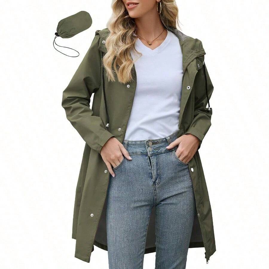 Zando Long Packable Rain Jacket Women Waterproof - Raincoat For Women Rain Coat With Hood Lightweight Outdoor Windbreaker - 軍綠色 - 查看 1