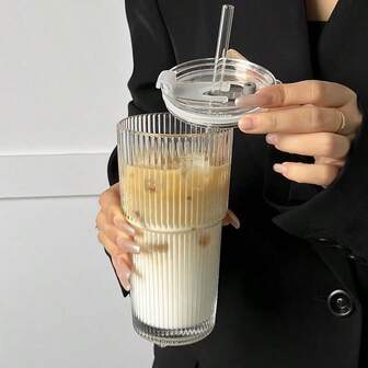 1pc Vertical Striped Glass Cup With Straw And Lid, High-Quality Ins Style Water Bottle, Unisex, 550ml Large Capacity, Glass Straw Cup, Suitable For Office, Home, Travel