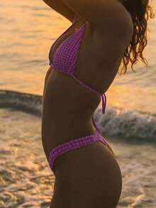 PEPPERMOLLY New Plaid Soft Halter Tie Back Cute Bikini, Women Summer Beach Fashion Swimwear Set, Rose Red - Hot Pink - View 8