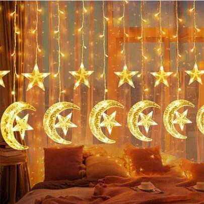 1pc 3.5m Adjustable LED Star & Moon Fairy String Curtain Light, Battery Powered Decor Light, Romantic Twinkling Window Curtain Light With Stars & Moons, Suitable For Home, Bedroom, Living Room Decor, Wedding, Birthday, Graduation, Party, Romantic Fantasy Garden Decor