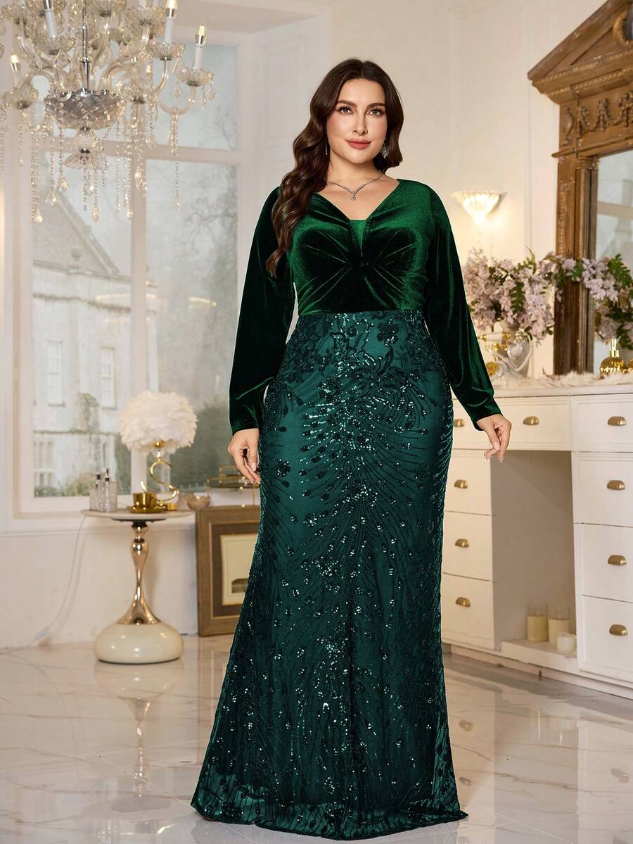 XUIBOL Đầm dạ hội trang trọng, thanh lịch, cổ chữ V, đính sequin và họa tiết hoa dành cho nữ cỡ lớn.