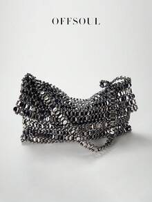 Unique European & American Acrylic & Metal Handmade Beaded Hollow Square Pouch, Versatile Clutch Bag For Party, Wedding, Evening Dress, High-End Handbag - Black - View 4