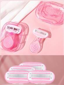 5-Blade Pink Manual Bikini Razor, Portable Hair Removal Device For Underarms, Legs And Bikini Area, Stainless Steel Blades, Replaceable Pink Heads, Great Gift For Girls, Suitable For Beach, Vacation, Travel And Business - Pink - View 9