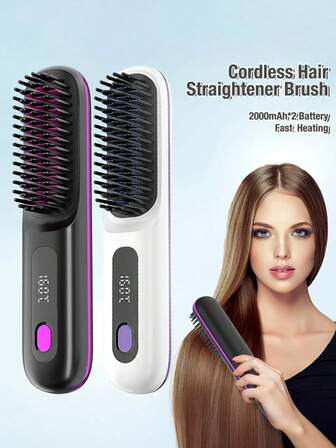 无绳直发梳，便携式负离子热梳，超长续航，USB充电功能，快速加热温度调节，防烫伤，12分钟自动关机，适合旅行携带，负离子直发梳