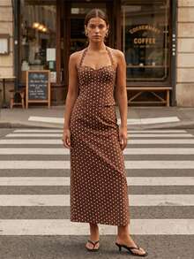 Women Long Skirt Outfit Dot Print Halter Neck Tank Tops And Low Rise Fishtail Skirt 2 Piece Set - Dark Brown - View 3