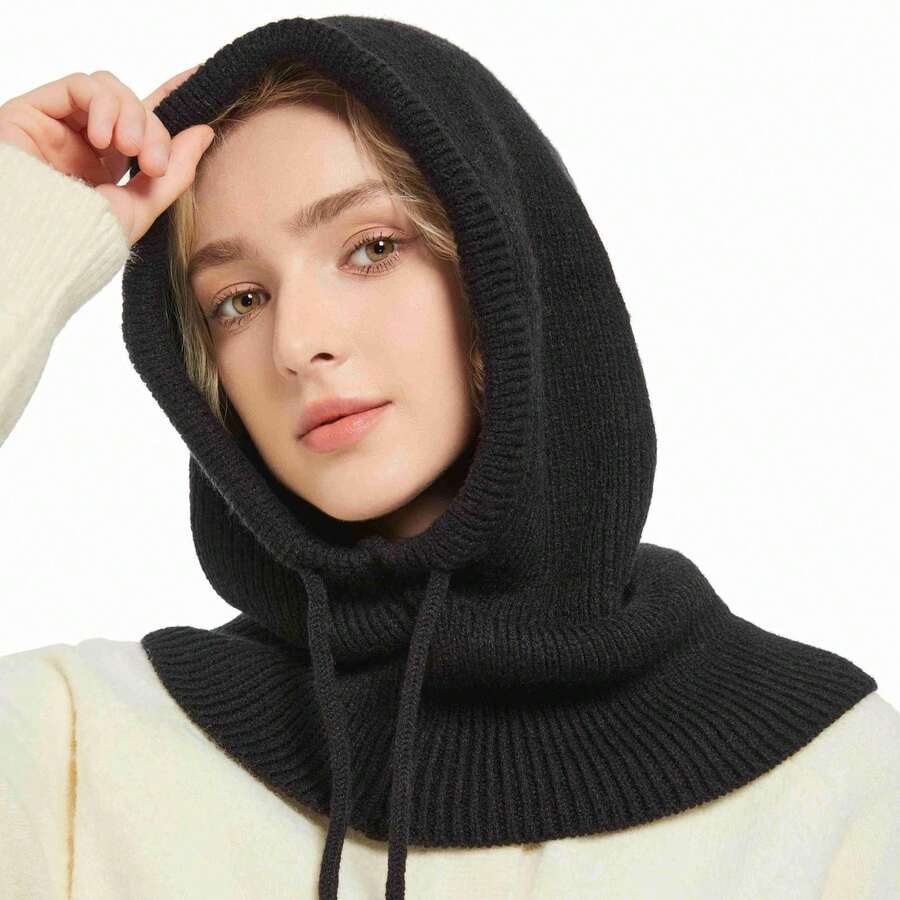 1件装女士拉法帽，带可拆卸颈套，羊毛混纺保暖颈套滑雪面罩，户外冬季保暖面罩围巾帽，适合穆斯林佩戴头巾 - 黑色 - 查看 1