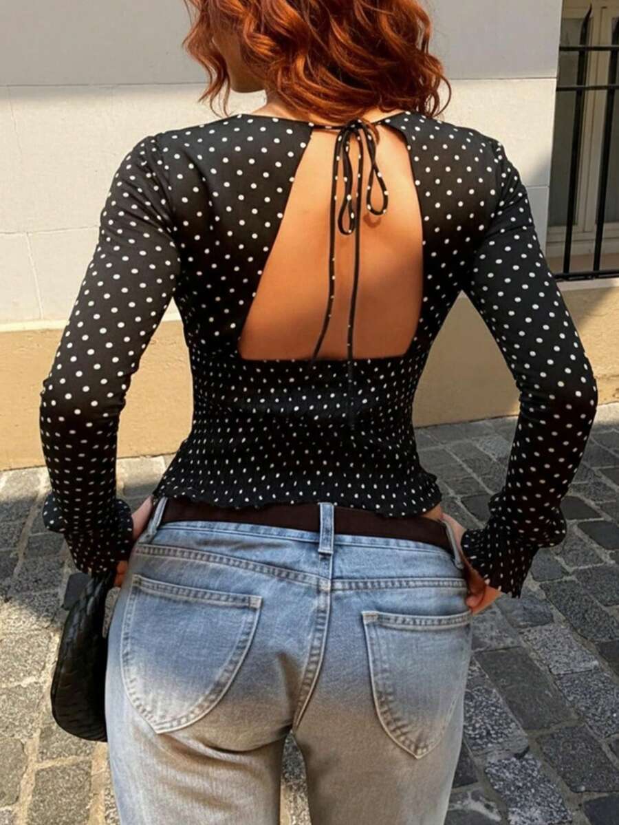 GLOpass Women's Black Polka Dot Long-Sleeved Backless Tie-Front Top, Fitted Short-Sleeved Shirt With Ruffled Hem, Casual Street Style Y2K Aesthetic Everyday Wear - Black and White - View 1