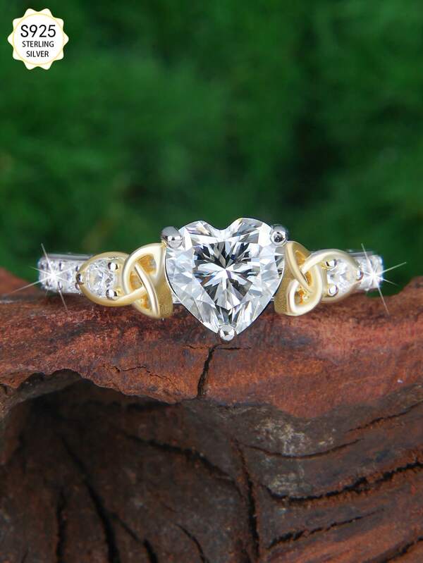 1.2克拉 7.0毫米 莫桑石心形925纯银高品质女士订婚戒指，5.2克，完美的圣诞节/生日/周年纪念礼物