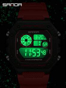 SANDA 2202 Fashion Men's Electronic Watch Sports Multifunctional Waterproof LED Luminous Single Display Small Square Electronic Watch - Red - View 5