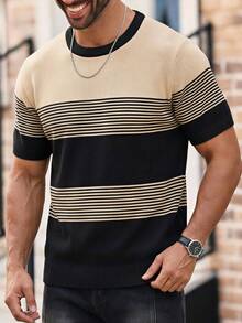 男士条纹休闲圆领短袖针织上衣 - 黑色 - 查看 2