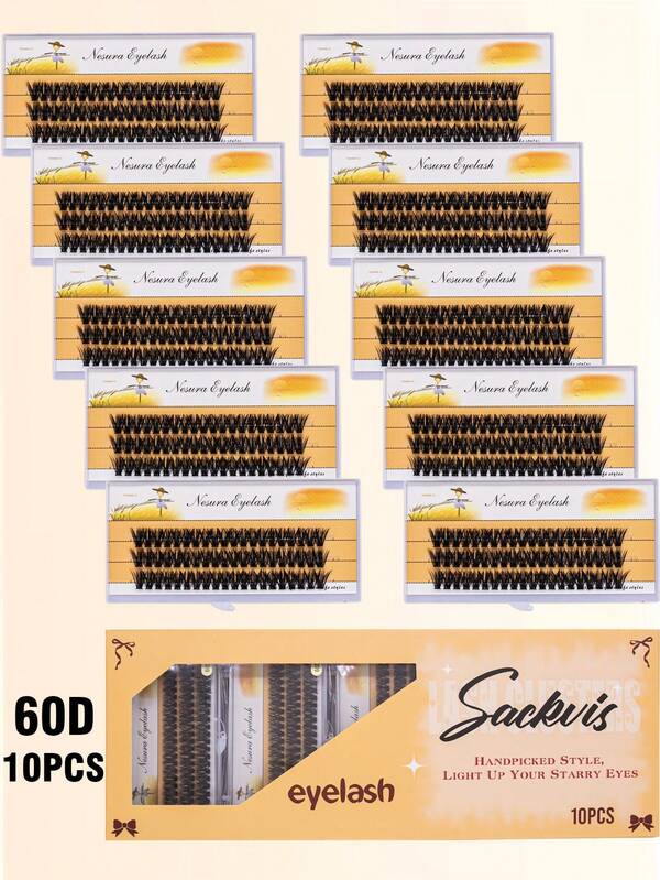 SACKVIS 10 pezzi Ciglia finte extra spesse, look naturale, non cadono facilmente, durevoli per tutto il giorno, soffici, fai-da-te, curvatura D, adatte per principianti e riutilizzabili, perfette per uso quotidiano e feste, 60D, 600 ciuffetti, lunghezza 9-14mm
