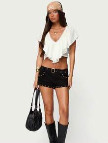 Women's Ruffled V-Neck Crop Top Short Flutter Sleeve Boho Chiffon Blouse - trắng - Xem 3
