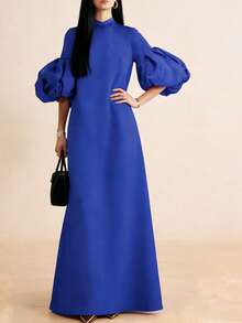 Đầm dự tiệc nữ, đầm maxi tay phồng màu trơn thanh lịch - Xanh đậm - Xem 1