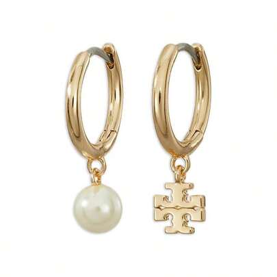 Tory Burch Kira Imitation Pearl & Double T Charm Mismatched Hoop Earrings |  | Women Jewelry Sets