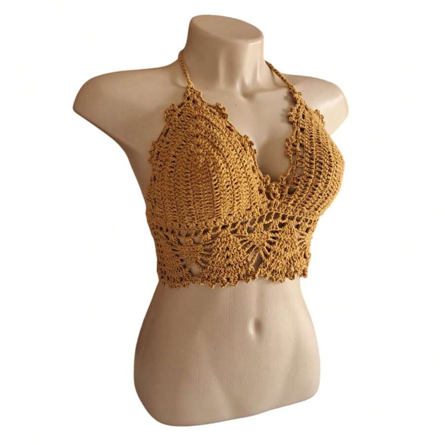 Plain Crochet Top, Model 081, Beachwear - 芥末黃 - 查看 1