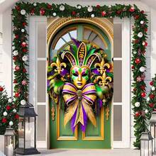 Encantadora cubierta de puerta de Mardi Gras - Diseño de máscara festiva, letrero de decoración de pared de poliéster para uso diario y de fiesta, 70.87x35.43 pulgadas