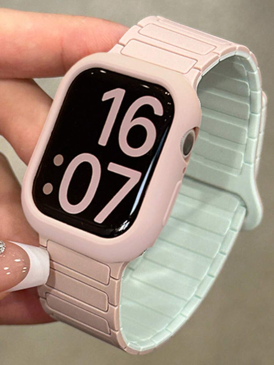 一套双色磁扣硅胶表带+表壳，适用于46mm、38mm、40mm、41mm、42mm、44mm、45mm、49mm表盘，可爱糖果色表带搭配保护壳，兼容苹果Series 11、10、9、8、7、6、5、SE、Ultra 2。