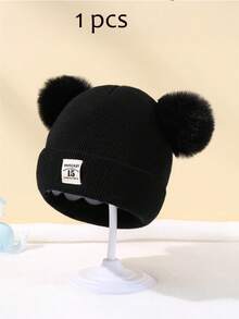 5pcs Baby Autumn/Winter Hat & Glove Set, Knitted Double Pom Pom Beanie