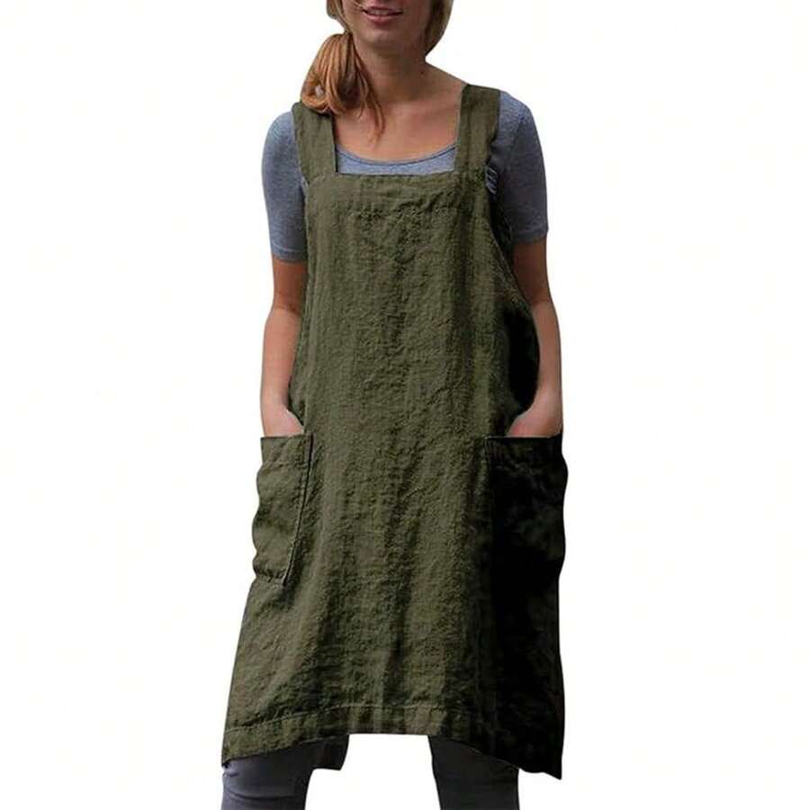 Japanese Aprons Plus Size Smock For Women With Pockets Cross Back Pinafore Dress Apron BaFKing CooFKing Gardening,3X-Large,FArmyssGreen - Quân đội Xanh - Xem 1