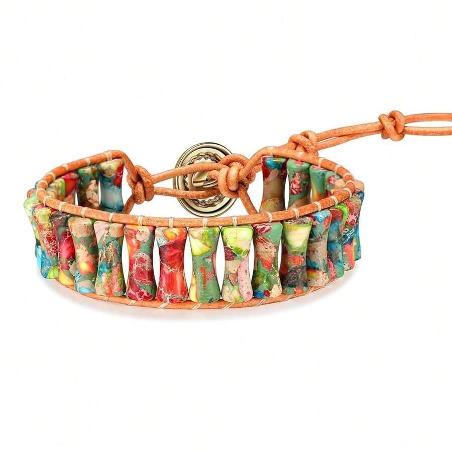 7 Chakra Bracelets For Women Handmade Natural Jasper Stone & With Real Leather Strand Healing Bead Bracelet Women Men Boho Friendship Jewelry,Colored-Leather - 彩色皮革 - 查看 1