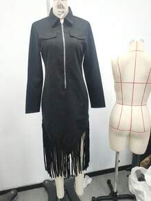 Vintage Western Deer Lapel Zipper Dress - Niannian - màu đen - Xem 2