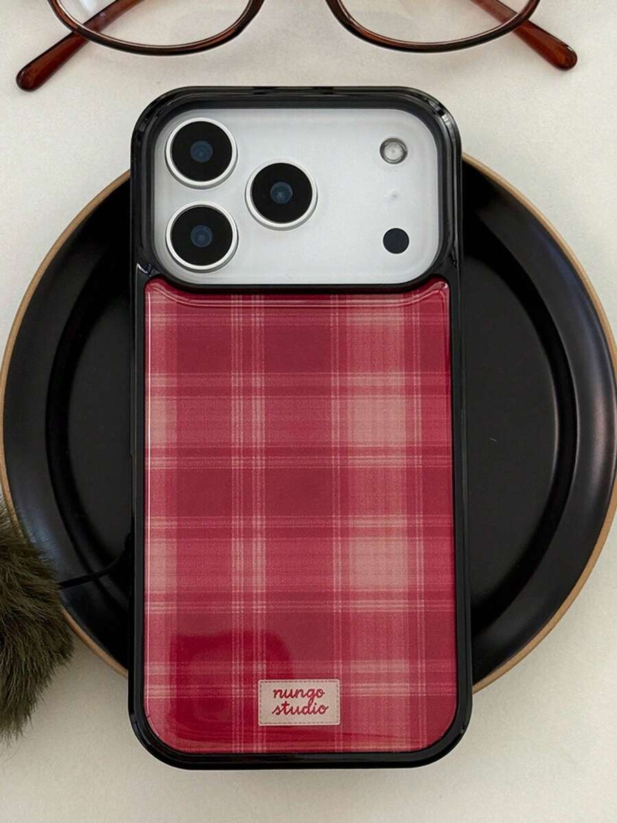 Retro Lattice Plaid Pattern Mobile Phone Case Compatible With IPhone 17ProMax 17Pro 17 16ProMax 16 15 14 13 12 11 Pro Max Plus Cases Shockproof Back Cover Shell - Burgundy - View 1