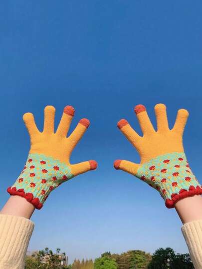 1双女士针织手套，可爱提花保暖内衬冬季手套，适合学生，可用于户外活动和日常佩戴，秋冬季