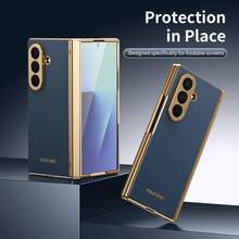 VIETAO Electroplated Material Faux Leather Full-Coverage Protective Phone Case Compatible With Samsung Galaxy Z Fold 7 6 5 4 Fold7 Fold6 Fold5 Fold4 With Tempered Glass Screen Protector Mobile Cover - Royal Blue - View 10