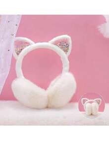 Cute Cat Ear Earmuffs, Suitable For Teenage Girls - Foldable Winter Warm Earmuffs, Shiny Sequin Design, Solid Color, Polyester Material, Fit For Ages 15 And Up - Multicolor - View 3