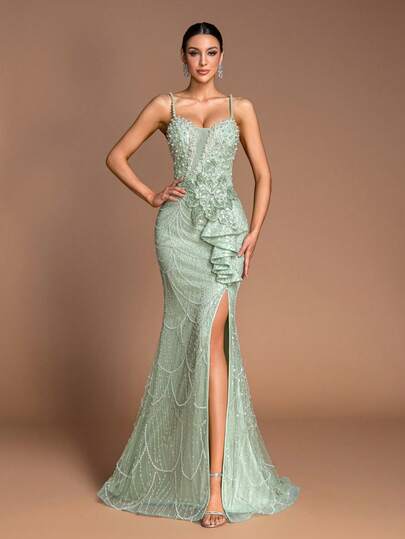 Elegant Women's Sleeveless Dress, Embellished With Chain, Beaded, Ruffle Trim, 3D Floral Decor, High Slit, Fishtail Hem, Formal Evening Gown For Party