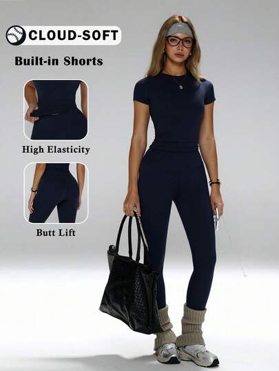 FWH Conjunto de yoga para mujer, pantalones deportivos de cintura alta, conjunto deportivo moldeador de 2 piezas, conjunto de yoga que afina la cintura, camiseta de cuello redondo ajustada combinada con pantalones de yoga de cintura alta, conjunto esencial de 2 piezas para mujer. Ajuste ceñido, versátil, que afina la cintura y levanta el trasero, adecuado para yoga, fitness o uso diario casual.