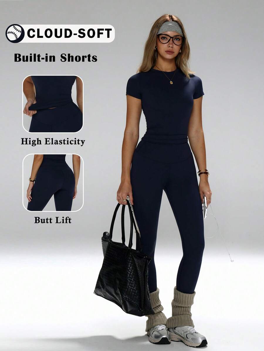 FWH Slim-Fit, Versatile Item, Waist-Cinching And Butt-Lifting, Suitable For Yoga, Fitness Or Casual Daily Wear. Women's Yoga Set, High-Waist Sports Pants Set, Shaping Sports 2-Piece Set, Waist-Cinching Yoga Outfit, Fitted Crew Neck T-Shirt Paired With High-Waist Yoga Pants, Essential 2-Piece Set For Women Summer - Màu xanh hải quân - Xem 1