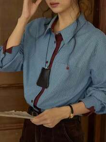 Women's Casual Striped Print Patchwork Pocket Long Sleeve Shirt, Suitable For Daily Commute And Workplace, Spring/Autumn