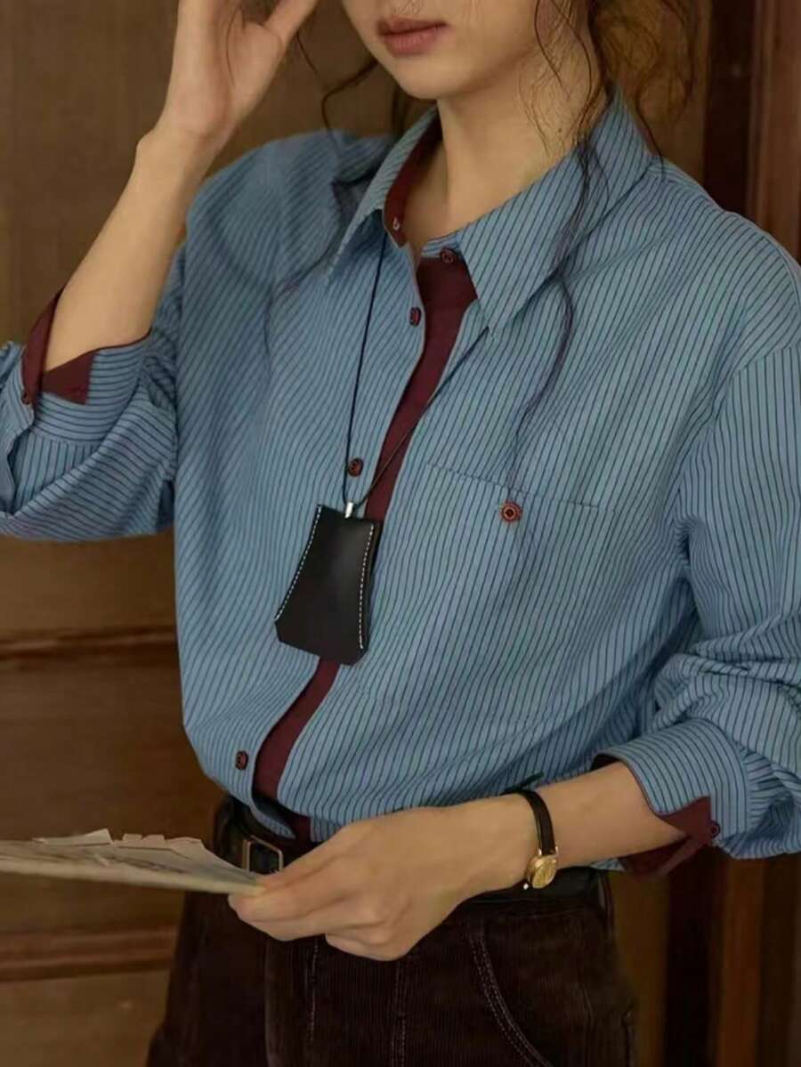 Women's Casual Striped Print Patchwork Pocket Long Sleeve Shirt, Suitable For Daily Commute And Workplace, Spring/Autumn