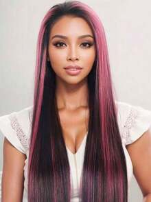 BMNH 13x4 Lace Front Wig, 180% Density, Wavy Curly, Ombre Pink & Black, Glueless Lace Front Wig, Highlight Pink - SNatural/Pink - View 2