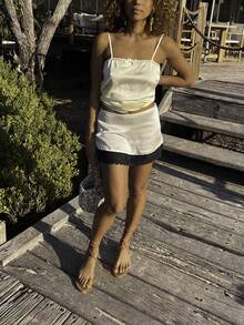 Women Lace Silk Slip Mini Skirts,Lace Trim Satin Under Skirt Low Rise Silky Short Skirts,Y2K Slim Fit Underskirt,Skirt High Elastic Waist Lace Patchwork Stylish Skirts,Summer Party White Skirt - 黑色 - 查看 6